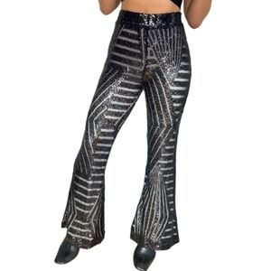 lilla cavallo Sequin Striped Black flared Women's Pants medium pull on hi waist